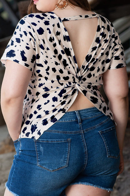 Plus Size Leopard Print Twist Open Back Top - Plus Size Clothing