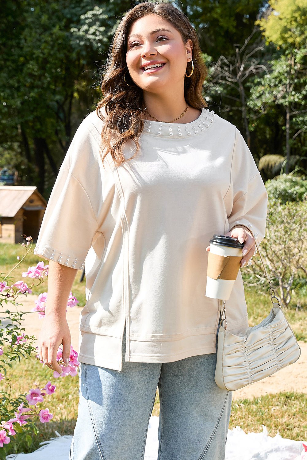 Plus Size Pearl Decor Crew Neck Half Sleeve T Shirt - Plus Size Clothing