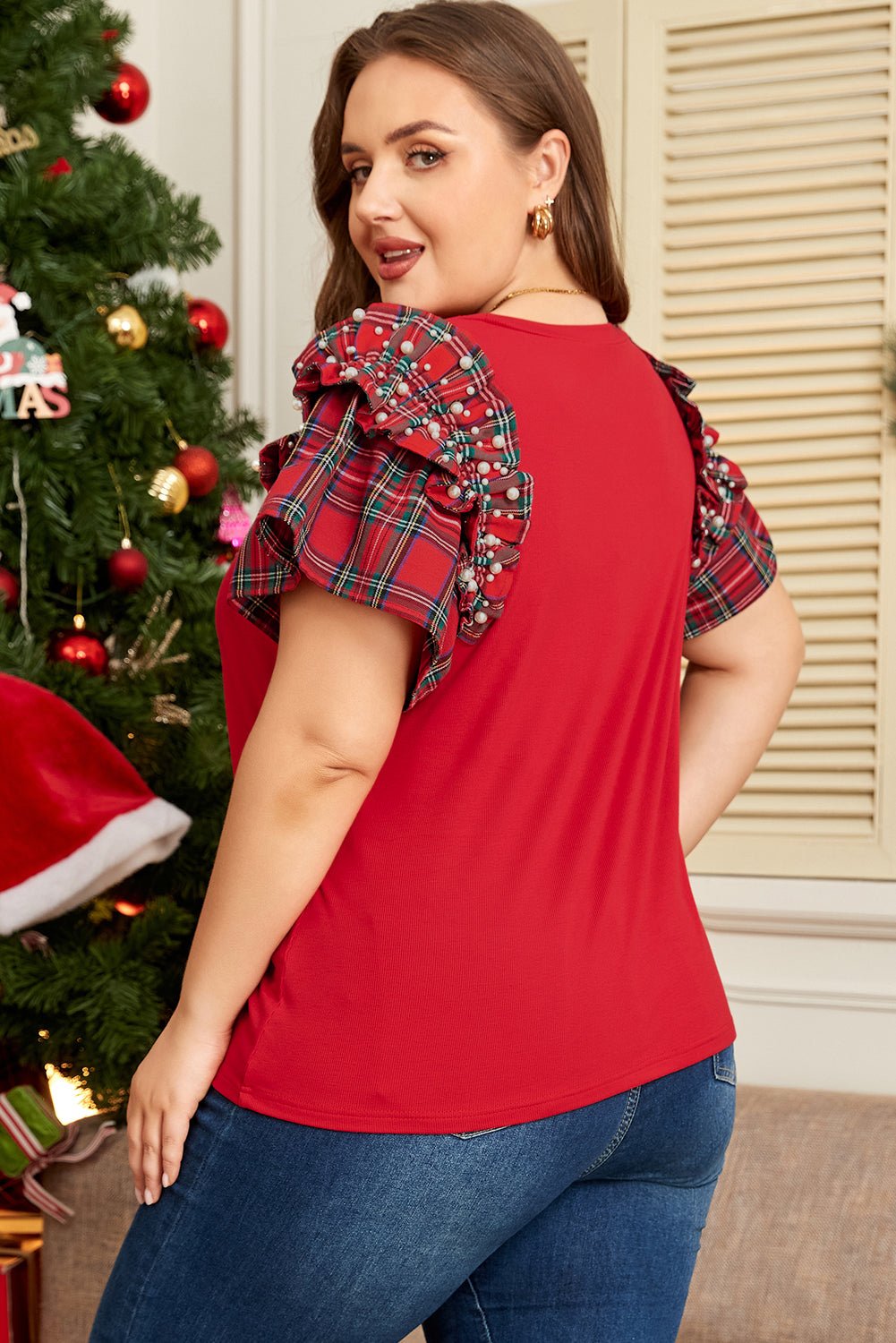 Plus Size Plaid Ruffled Short Sleeve Christmas T-shirt - Plus Size Clothing