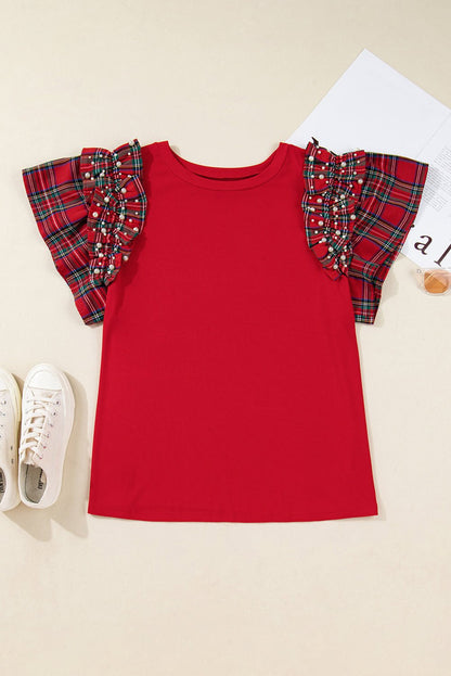 Plus Size Plaid Ruffled Short Sleeve Christmas T-shirt - Plus Size Clothing