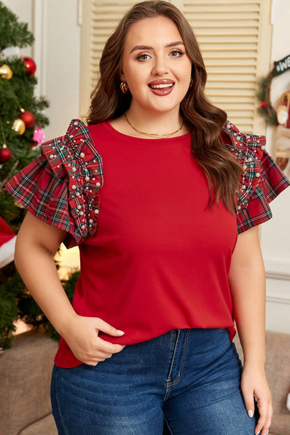 Plus Size Plaid Ruffled Short Sleeve Christmas T-shirt - Plus Size Clothing