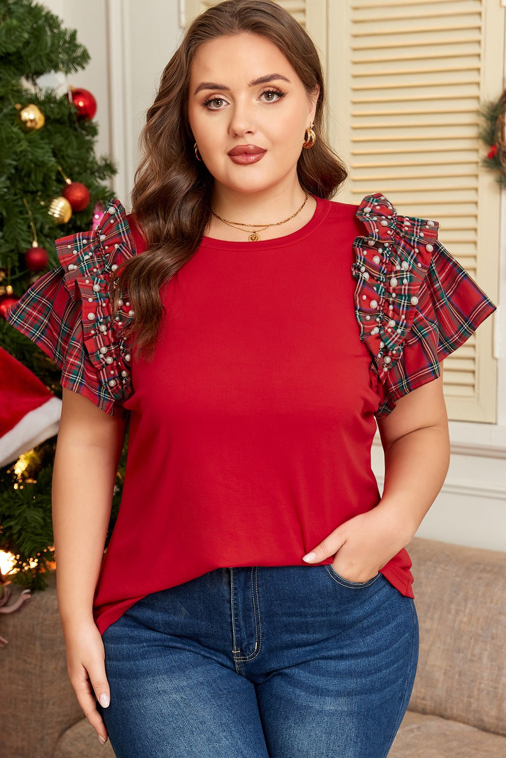 Plus Size Plaid Ruffled Short Sleeve Christmas T-shirt - Plus Size Clothing