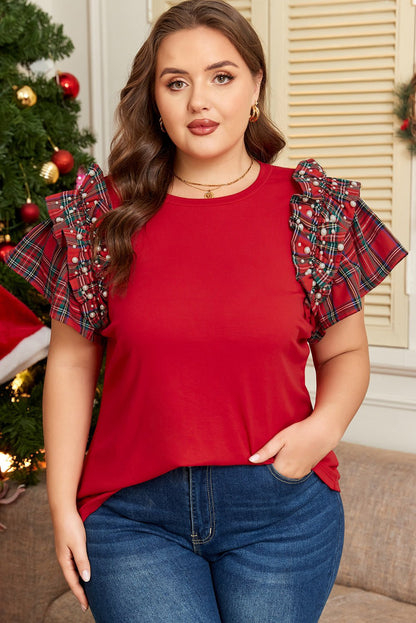 Plus Size Plaid Ruffled Short Sleeve Christmas T-shirt - Plus Size Clothing