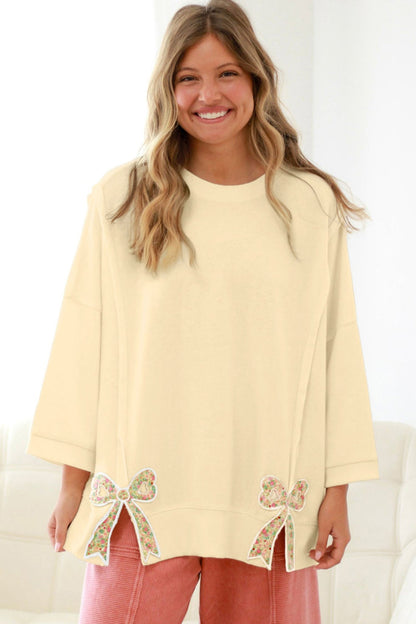 Plus Size Raw Seam Floral Bow Patched Baggy Pullover - Plus Size XL-4XL - View 3