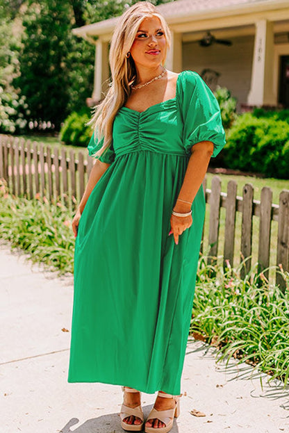 Plus Size Ruched Front Puff Sleeve Long Dress - Plus Size Clothing