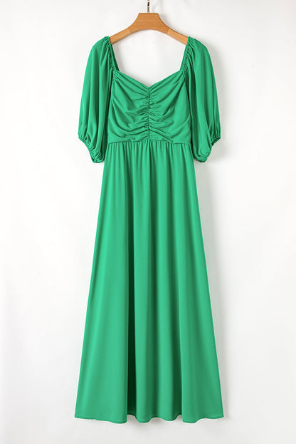 Plus Size Ruched Front Puff Sleeve Long Dress - Plus Size Clothing