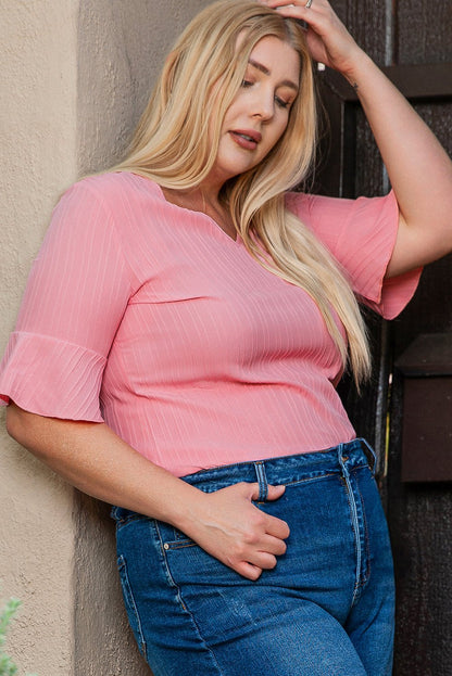Plus Size Ruffled V Neck Textured Top - Plus Size Clothing