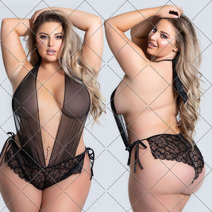 Plus Size Sexy Lace See-Through One-Piece Nightdress - Plus Size XL-4XL - View 1