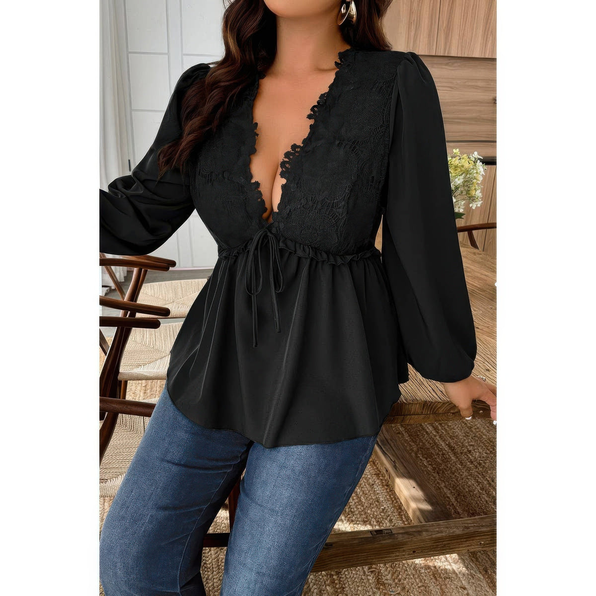 Plus Size Solid V Neck Lace Patchwork Shirt - Plus Size XL-4XL - View 9