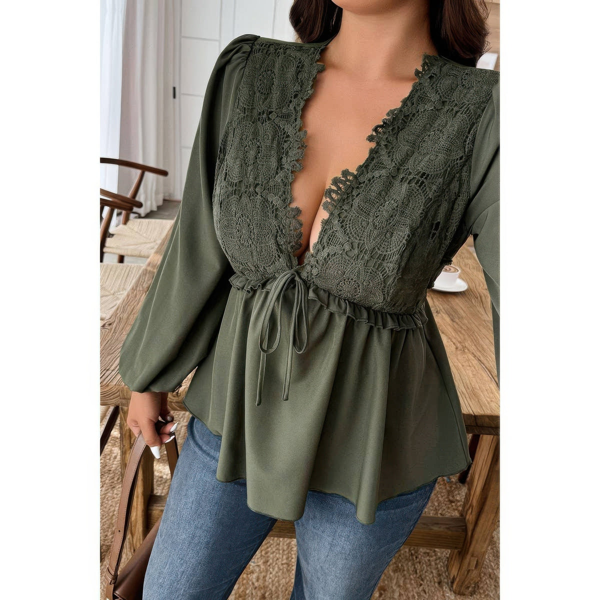 Plus Size Solid V Neck Lace Patchwork Shirt - Plus Size XL-4XL - View 5