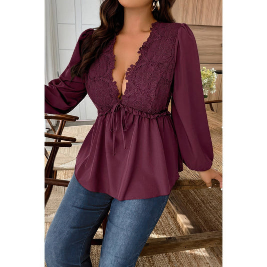 Plus Size Solid V Neck Lace Patchwork Shirt - Plus Size XL-4XL - View 1