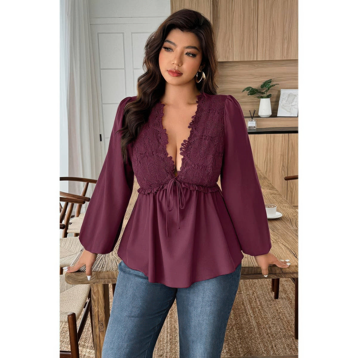Plus Size Solid V Neck Lace Patchwork Shirt - Plus Size XL-4XL - View 3