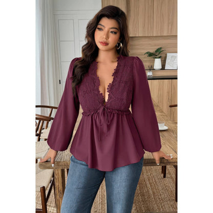 Plus Size Solid V Neck Lace Patchwork Shirt - Plus Size XL-4XL - View 3