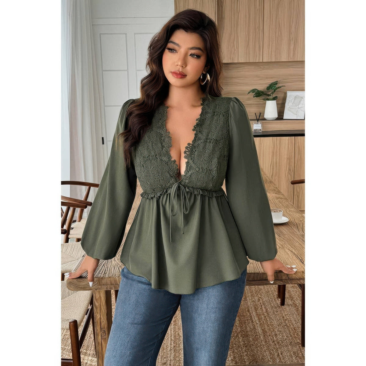 Plus Size Solid V Neck Lace Patchwork Shirt - Plus Size XL-4XL - View 7