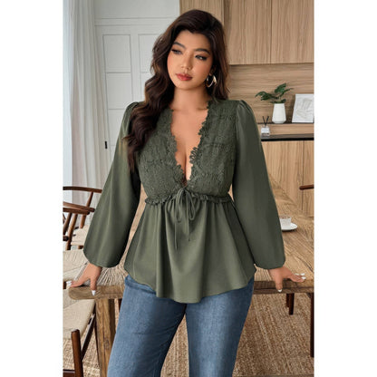Plus Size Solid V Neck Lace Patchwork Shirt - Plus Size XL-4XL - View 7