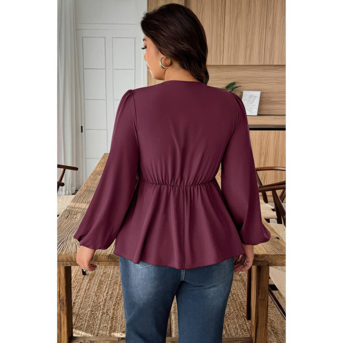 Plus Size Solid V Neck Lace Patchwork Shirt - Plus Size XL-4XL - View 4