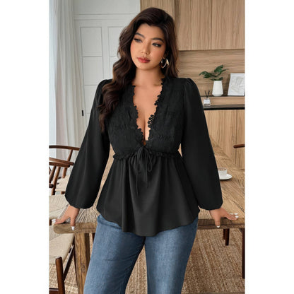 Plus Size Solid V Neck Lace Patchwork Shirt - Plus Size XL-4XL - View 10