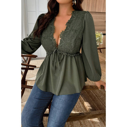 Plus Size Solid V Neck Lace Patchwork Shirt - Plus Size XL-4XL - View 6