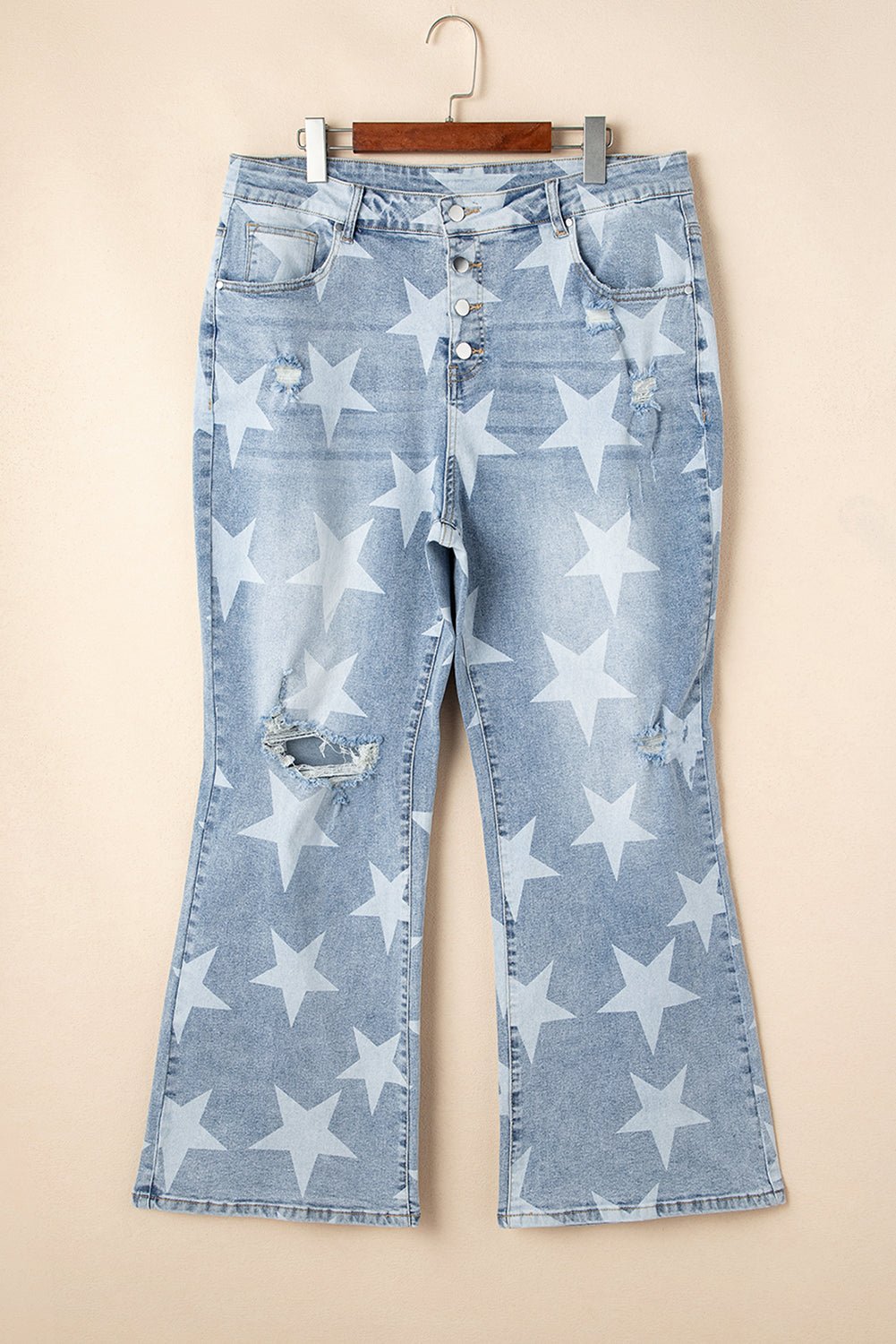 Plus Size Star Printed Destroyed Slit Knee Jeans - Plus Size Clothing