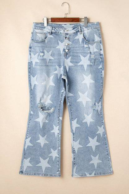 Plus Size Star Printed Destroyed Slit Knee Jeans - Plus Size Clothing