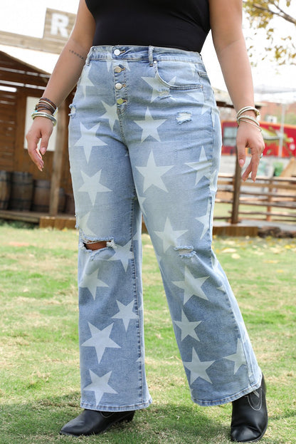 Plus Size Star Printed Destroyed Slit Knee Jeans - Plus Size Clothing