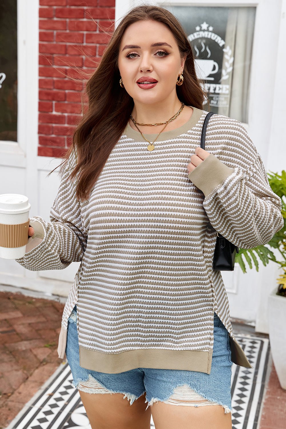 Plus Size Striped Breathable Knit Ribbed Trim Top - Plus Size Clothing