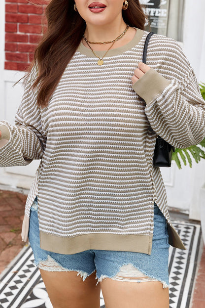 Plus Size Striped Breathable Knit Ribbed Trim Top - Plus Size Clothing