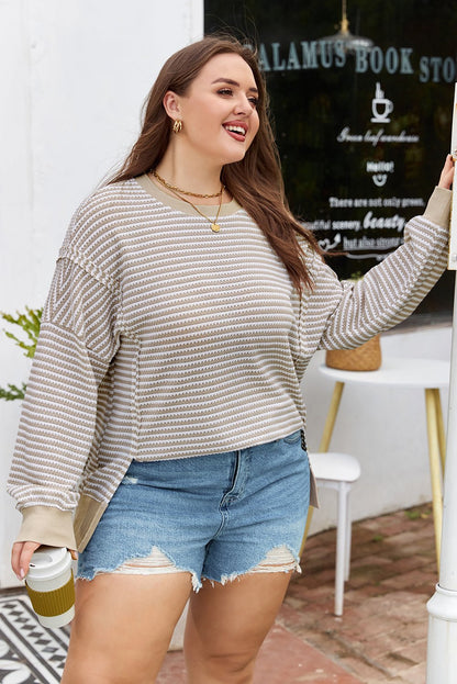 Plus Size Striped Breathable Knit Ribbed Trim Top - Plus Size Clothing