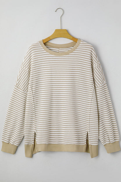 Plus Size Striped Breathable Knit Ribbed Trim Top - Plus Size Clothing