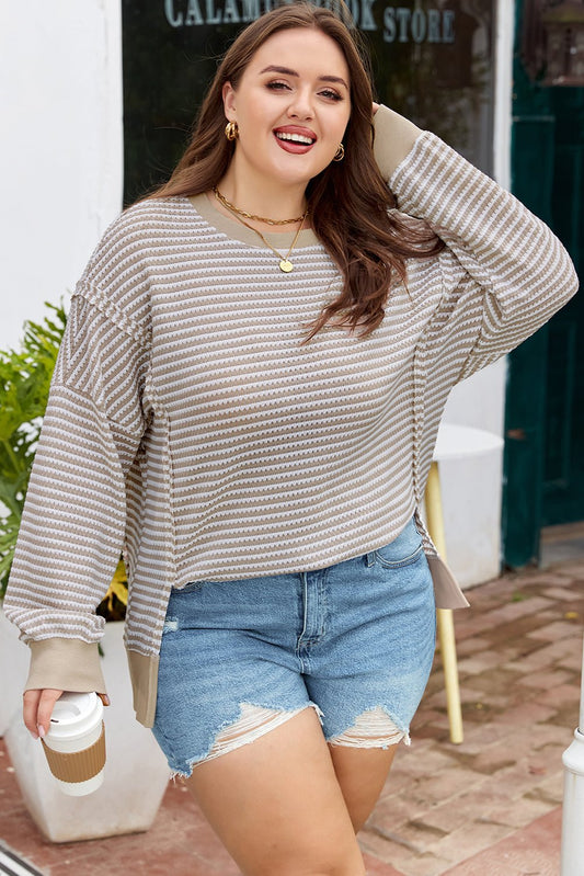 Plus Size Striped Breathable Knit Ribbed Trim Top - Plus Size Clothing