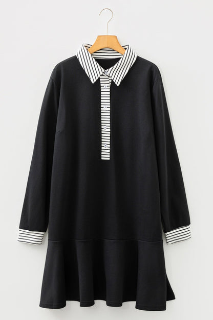Plus Size Striped Polo Collar Ruffle Hem Shift Dress - Plus Size Clothing