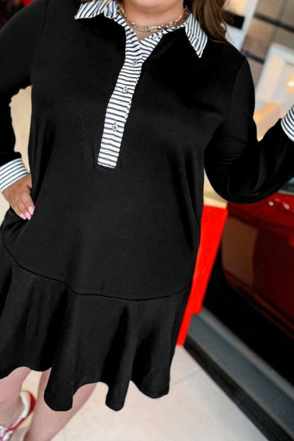 Plus Size Striped Polo Collar Ruffle Hem Shift Dress - Plus Size Clothing