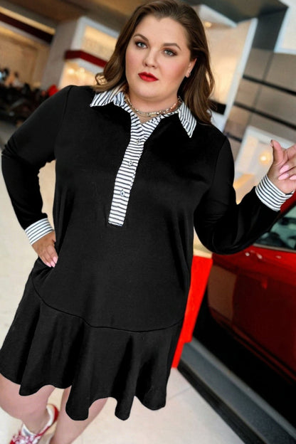 Plus Size Striped Polo Collar Ruffle Hem Shift Dress - Plus Size Clothing