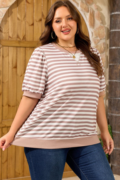 Plus Size Striped Puff Sleeve Round Neck T Shirt - Plus Size XL-4XL - View 3
