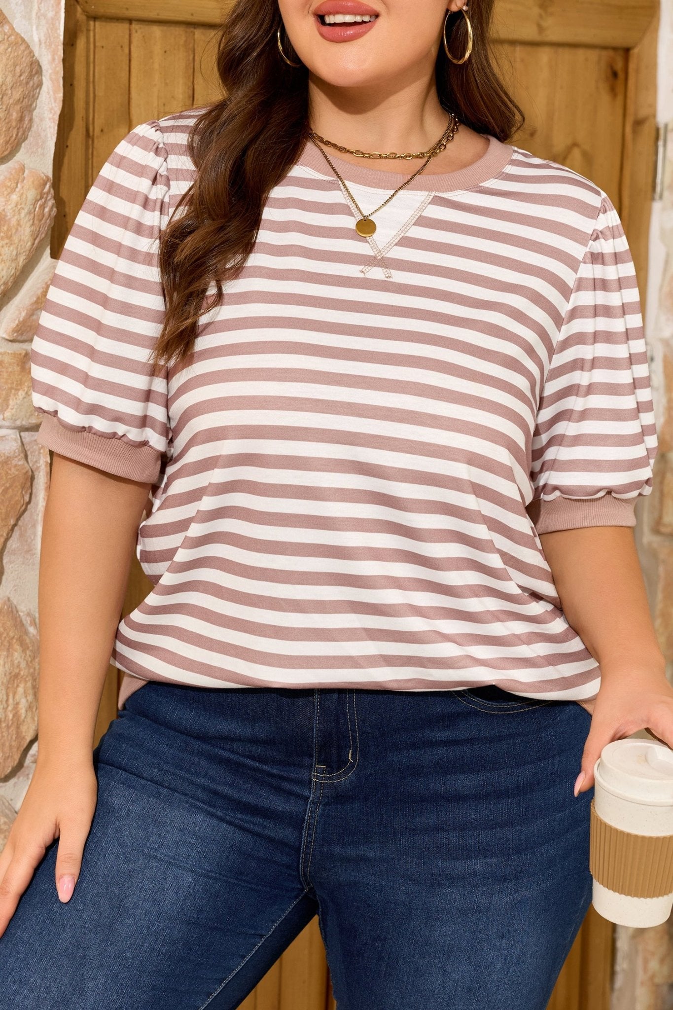Plus Size Striped Puff Sleeve Round Neck T Shirt - Plus Size XL-4XL - View 7