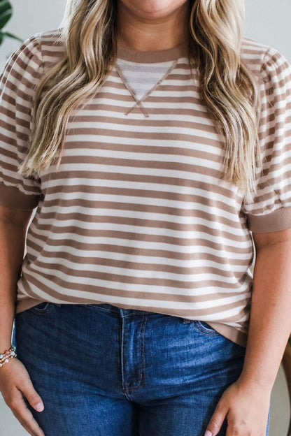 Plus Size Striped Puff Sleeve Round Neck T Shirt - Plus Size XL-4XL - View 8