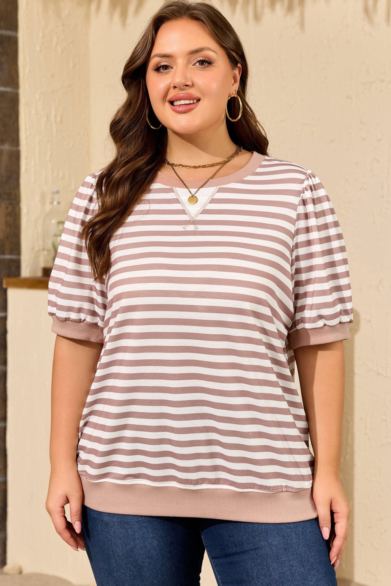 Plus Size Striped Puff Sleeve Round Neck T Shirt - Plus Size XL-4XL - View 4