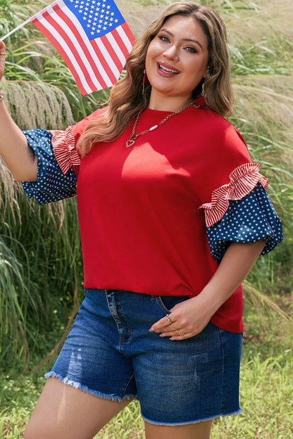 Plus Size Striped Ruffles Star Bubble Sleeve Top - Plus Size Clothing