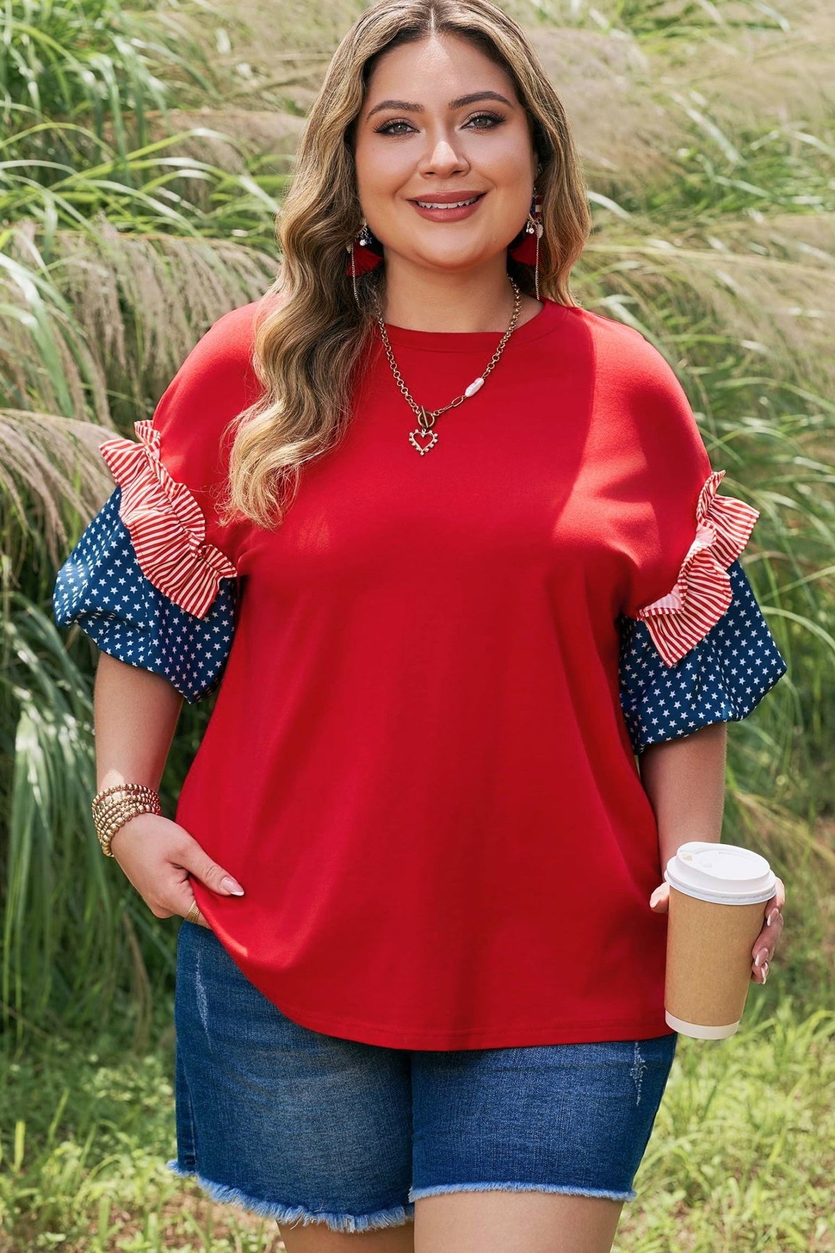 Plus Size Striped Ruffles Star Bubble Sleeve Top - Plus Size Clothing