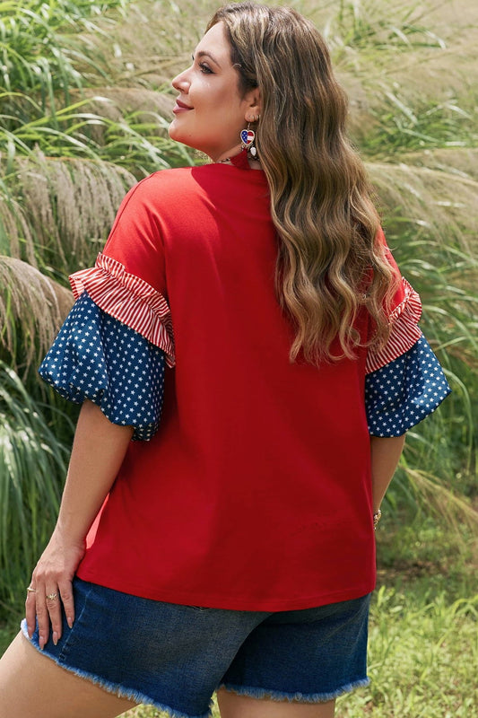 Plus Size Striped Ruffles Star Bubble Sleeve Top - Plus Size Clothing