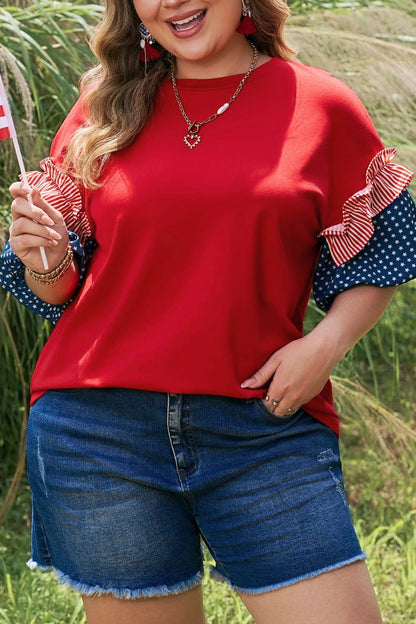 Plus Size Striped Ruffles Star Bubble Sleeve Top - Plus Size Clothing