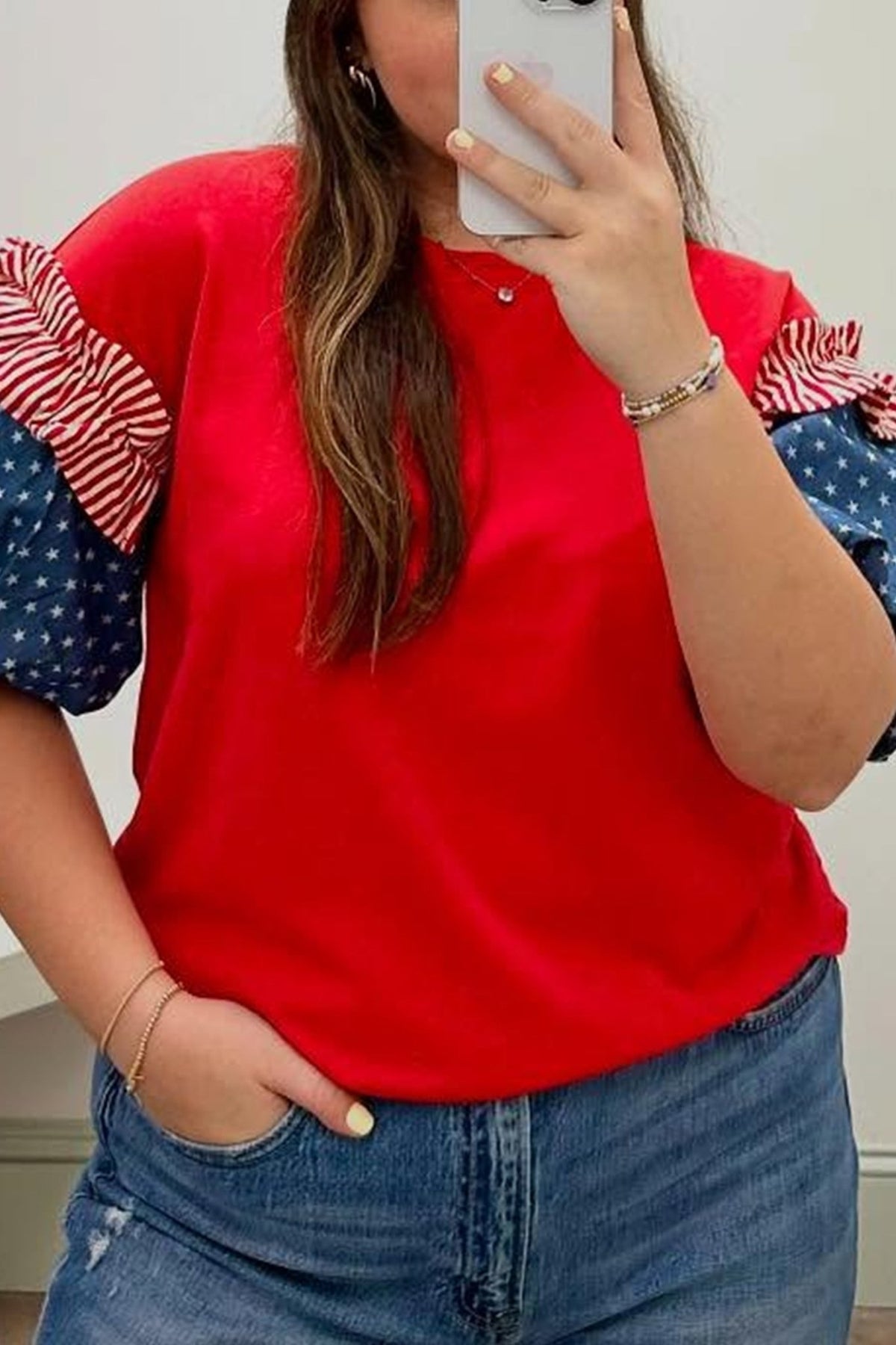 Plus Size Striped Ruffles Star Bubble Sleeve Top - Plus Size Clothing
