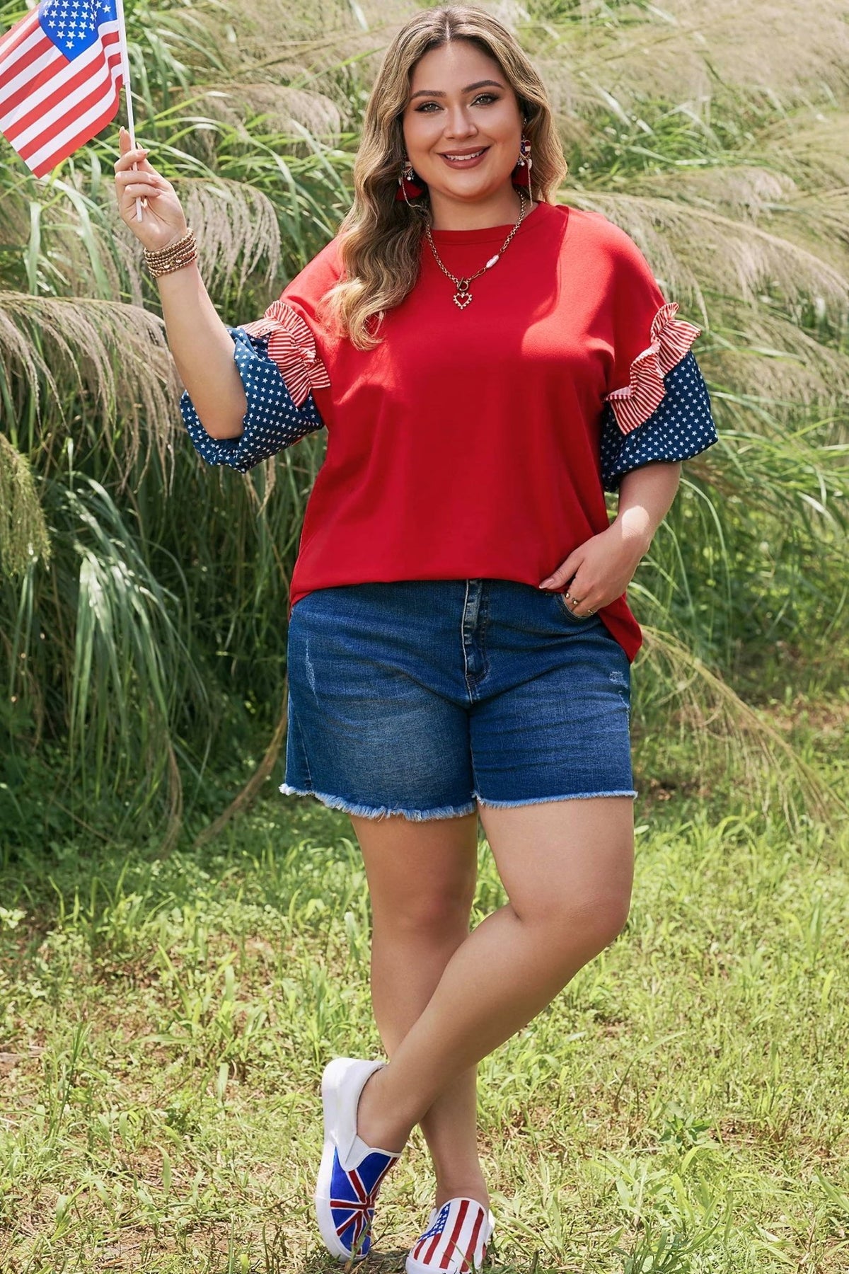Plus Size Striped Ruffles Star Bubble Sleeve Top - Plus Size Clothing