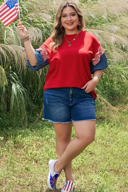 Plus Size Striped Ruffles Star Bubble Sleeve Top - Plus Size Clothing