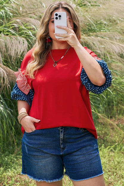 Plus Size Striped Ruffles Star Bubble Sleeve Top - Plus Size Clothing