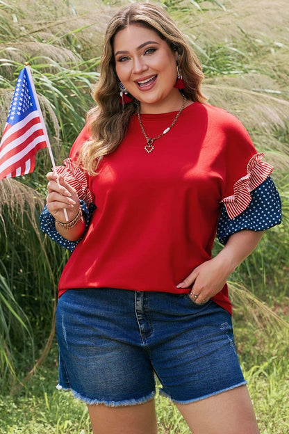 Plus Size Striped Ruffles Star Bubble Sleeve Top - Plus Size Clothing