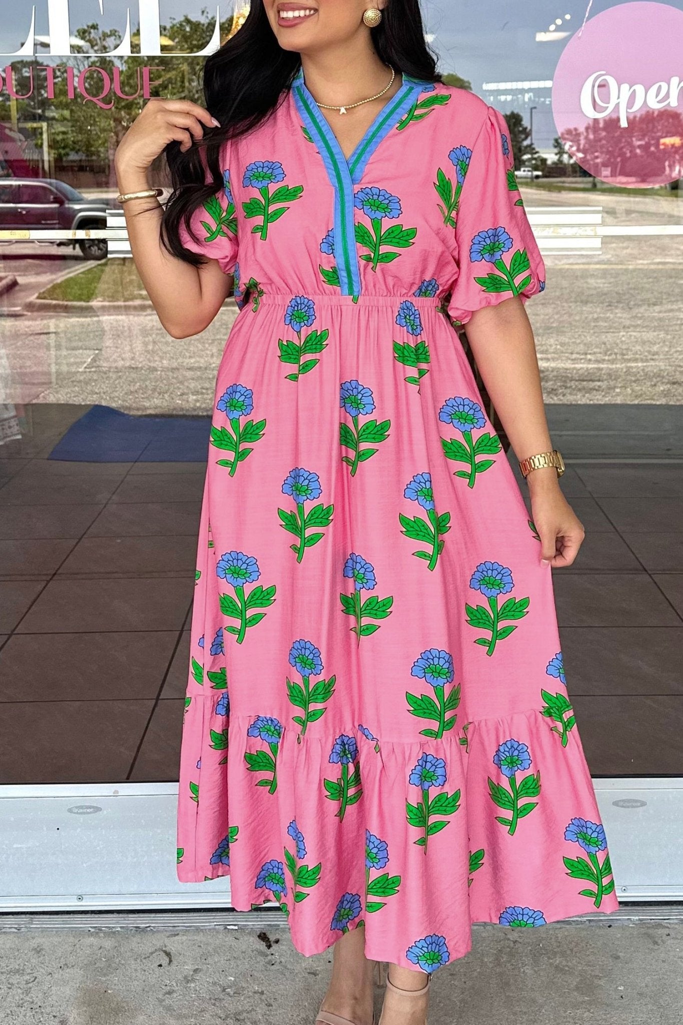 Plus Size Striped V Neck Ruffled Floral Long Dress - Plus Size Clothing