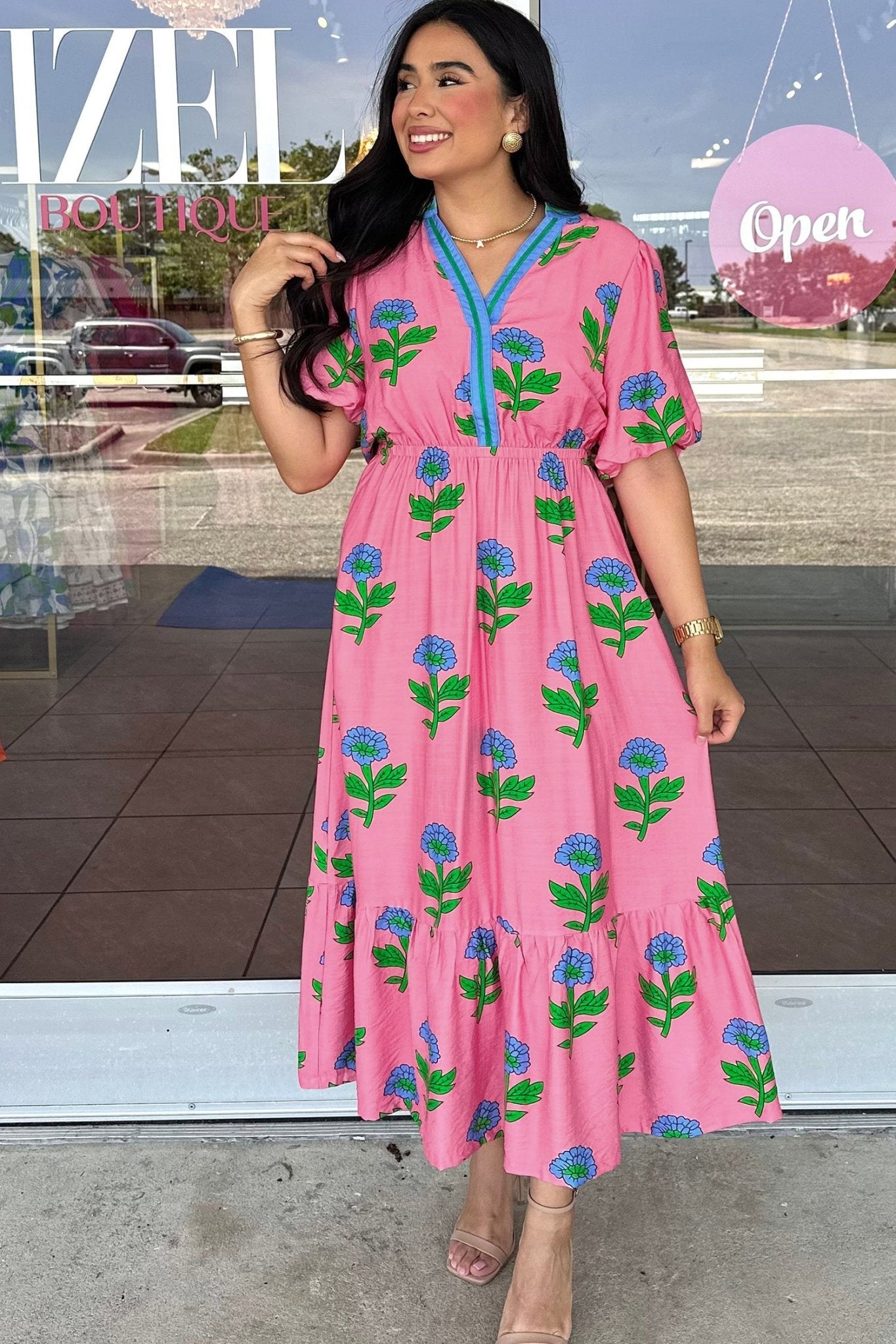 Plus Size Striped V Neck Ruffled Floral Long Dress - Plus Size Clothing