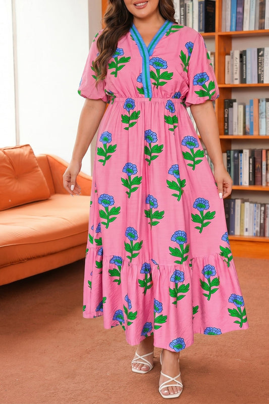 Plus Size Striped V Neck Ruffled Floral Long Dress - Plus Size Clothing
