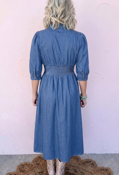 Plus Size V Neck Shirred Waist Denim Midi Dress - Plus Size Clothing
